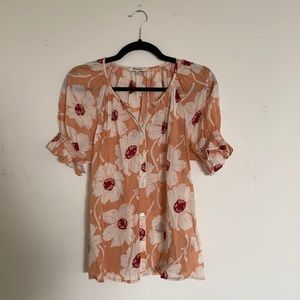 Madewell orange floral button down tee with puff sleeves. Size S.